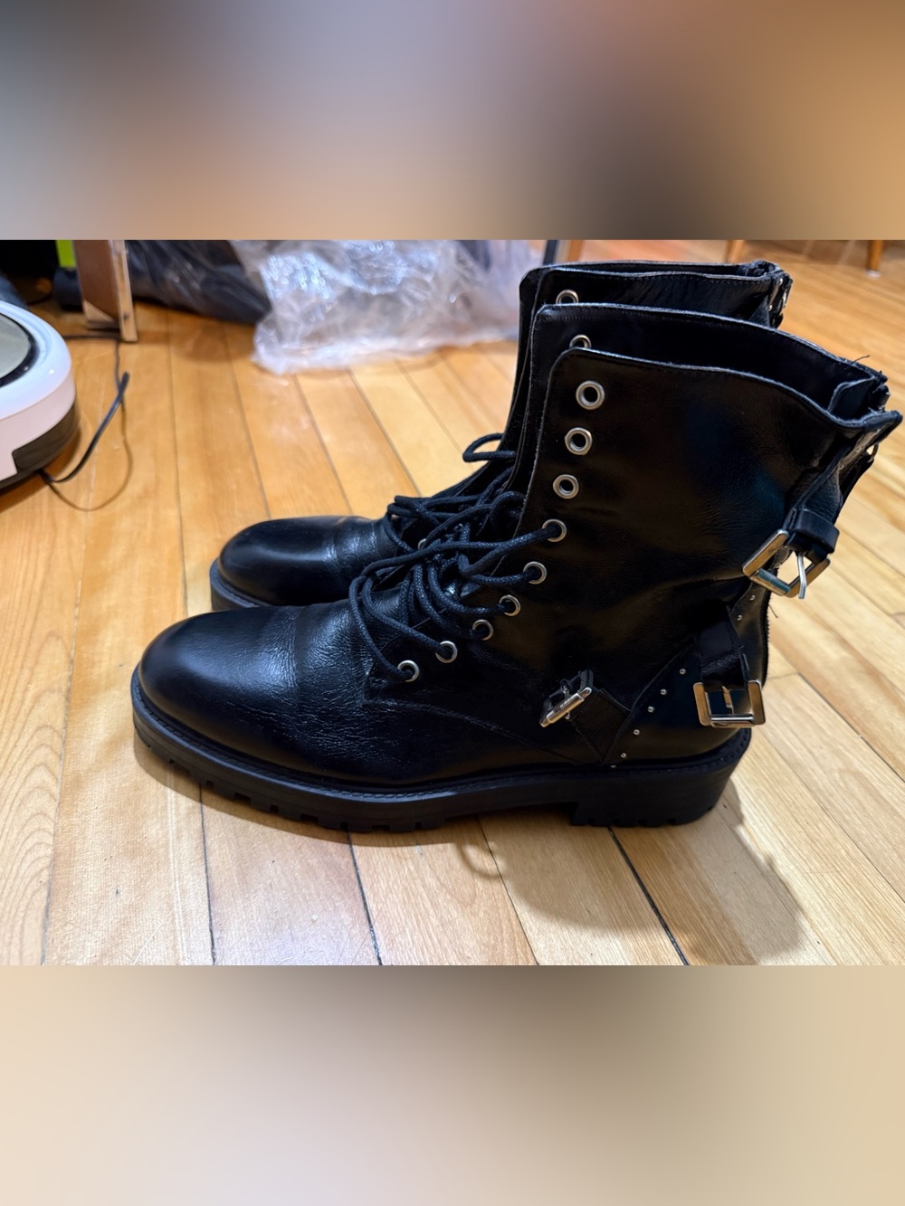 Zara Black Leather Lace-Up Buckle Combat Boots